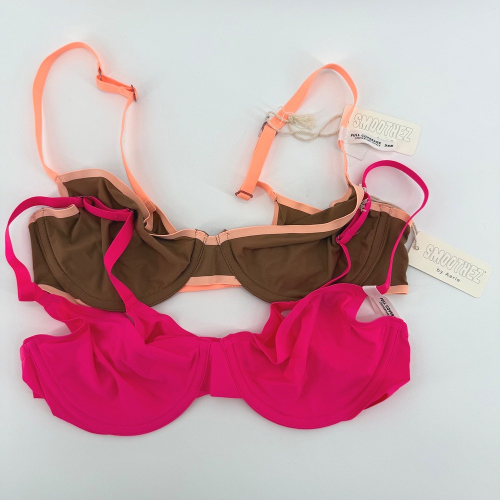 Aerie Smoothez Full Coverage Underwire Bra Bundle Hot Pink Brown‎ 34B NEW
